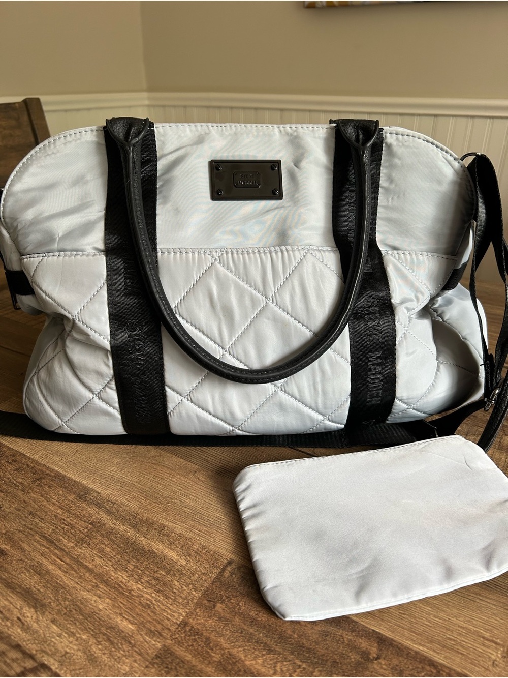 Steve Madden Baustin Quilted Overnighter Weekender Bag + Pouch Black